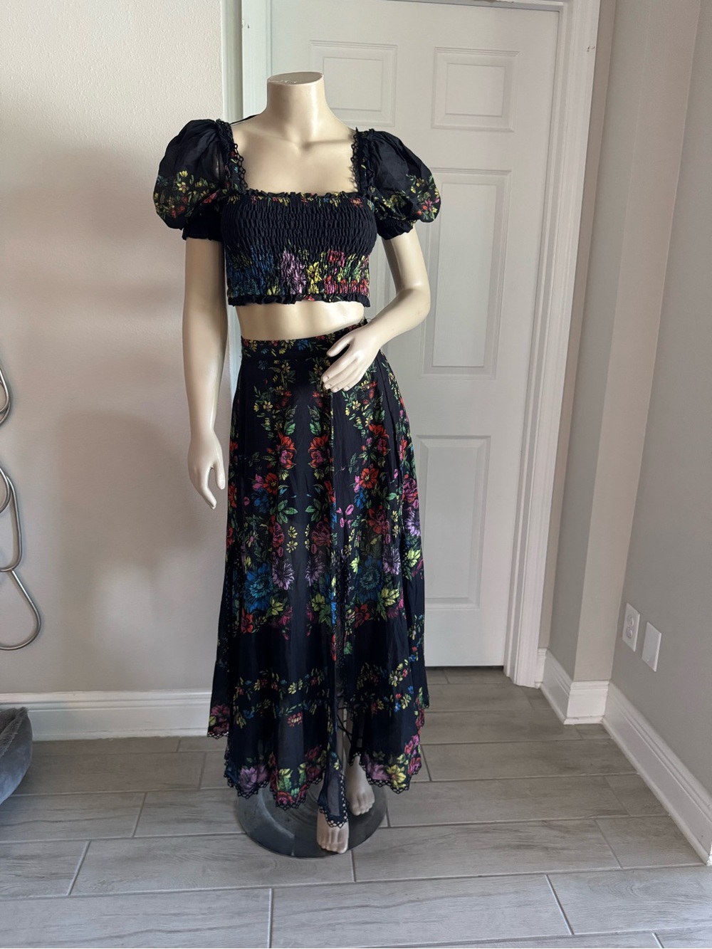 Charo Ruiz Black Floral Smocked Crop Top & Skirt Set - Picture 2 of 7